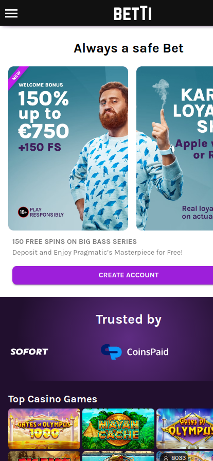 Screenshot of the Betti Casino mobile app interface on a smartphone, showing game lobby and navigation.